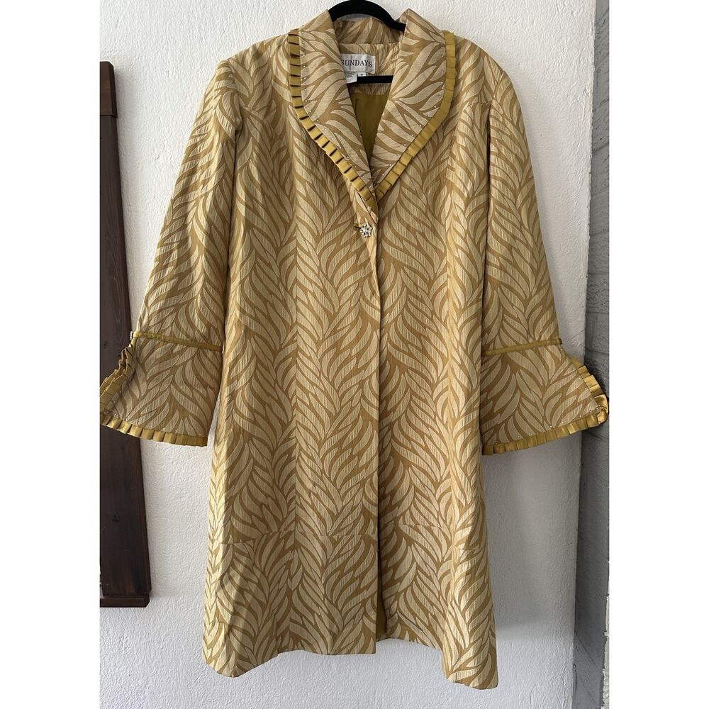 Sundays Gold Textured Metallic Brocase Long Coat Size Women's 16